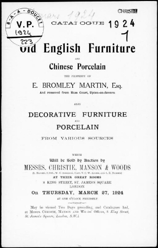Catalogue of old English furniture and Chinese porcelain, the property of E. Bromley Martin, Esq. [...] : [vente du 27 mars 1924]