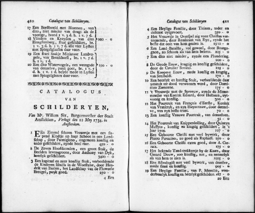 Catalogus van Schilderyen van Mr. Willem Six [...] : [vente du 12 mai 1734]
