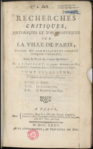 Recherches critiques, historiques et topographiques sur la ville de Paris. Tome 5