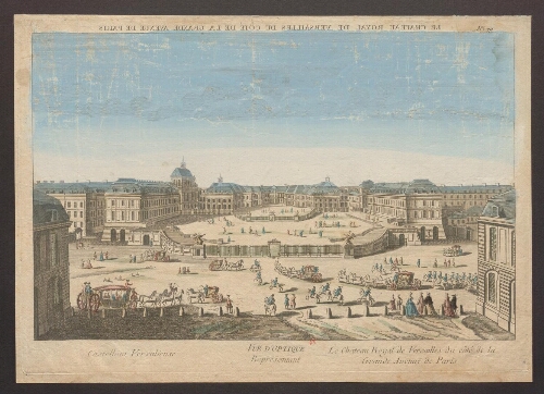 Vue d'optique représentant Le château royal de Versailles du côté de la Grande Avenue de Paris = Castellum Versaliense