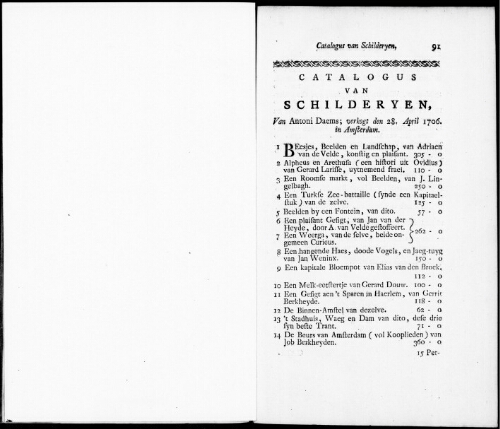 Catalogus van Schilderyen van Antoni Daems [...] : [vente du 28 avril 1706]