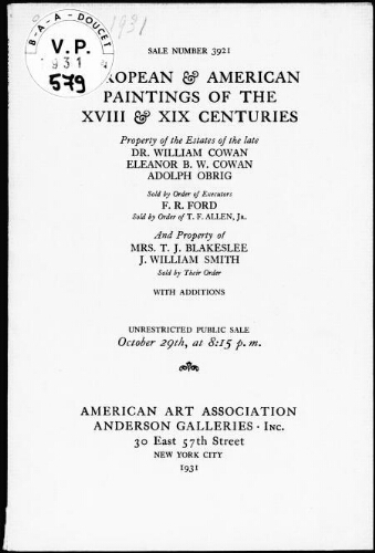 European and American paintings [...], property of the estates of the late Dr. William Cowan [...] : [vente du 29 octobre 1931]