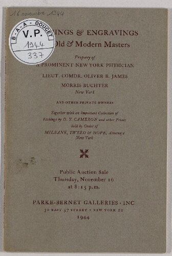 Property of [...] Lieut. Comdr. Oliver B. James, Morris Buchter [...], Etchings and engravings by old and modern masters : [vente du 16 novembre 1944]