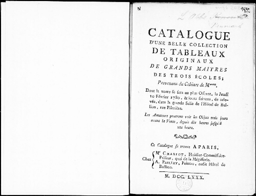 Catalogue d’une belle collection de tableaux originaux de grands maîtres des trois écoles [...] : [vente du 10 février 1780]