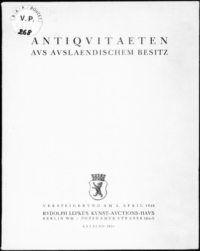 Antiquitäten aus ausländischem Besitz : [vente du 2 avril 1930]