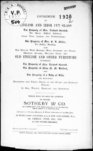 Catalogue of English and Irish cut glass, the property of Mrs Richard Gerrish [...] : [vente du 13 juin 1930]