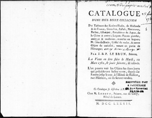 Catalogue d’une très belle collection de tableaux des écoles d’Italie, de Hollande et de France [...] : [vente du 12 mars 1782]