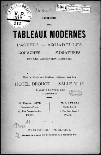 Catalogue des tableaux modernes, pastels, aquarelles, gouaches, miniatures, par une association d'artistes [...] : [vente du 24 avril 1923]