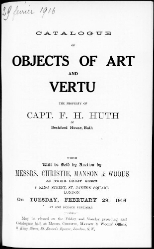 Catalogue of objects of art and vertu […] : [vente du 29 février 1916]