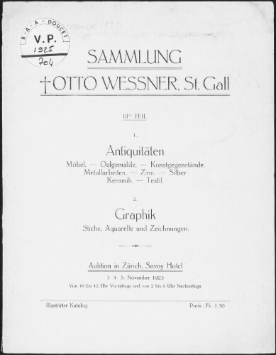 Sammlung Otto Wessner, St. Gall. IIIter Teil [...] : [vente du 3 au 5 novembre 1925]