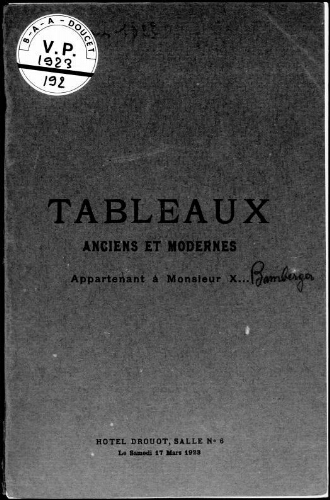 Tableaux anciens et modernes appartenant à monsieur X. [Bamberger] : [vente du 17 mars 1923]