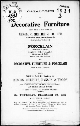 Catalogue of decorative furniture, being part of the stock of Messrs. C. Mellier and Co., […] : [vente du 10 décembre 1931]