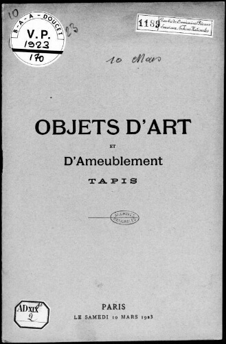 Objets d'art et d'ameublement, tapis : [vente du 10 mars 1923]