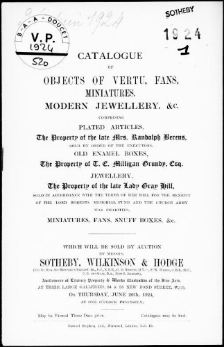 Catalogue of objects of vertu, fans, miniatures, modern jewellery, etc. : [vente du 26 juin 1924]