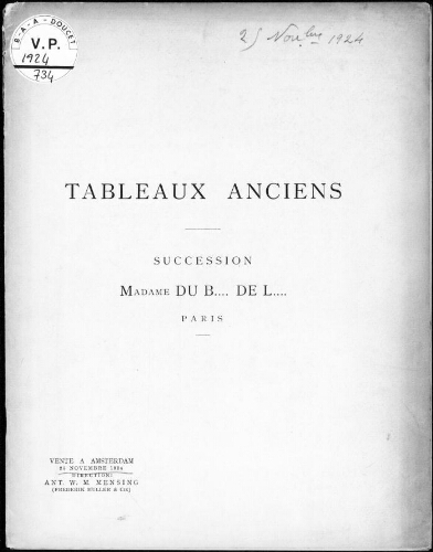 Tableaux, succession Madame du B. de L., Paris : [vente du 25 novembre 1924]