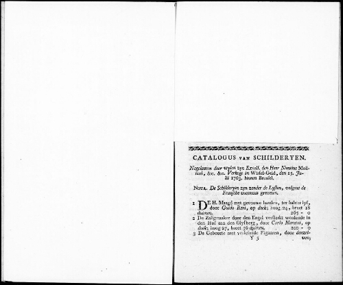 Catalogus van Schideryen nagelaaten door wylen zyn Excell. den Heer Nuntius Molinari [...] : [vente du 15 juillet 1763]