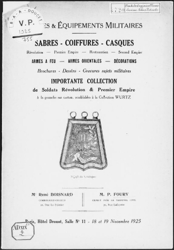 Armes et équipements militaires, sabres, coiffeuses, casques [...] : [vente des 18 et 19 novembre 1925]