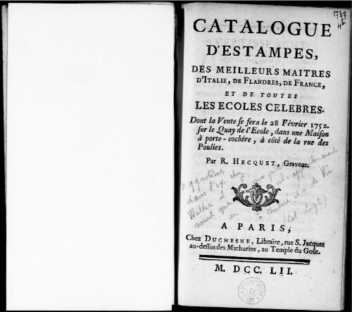Catalogue d'estampes des meilleurs maîtres d'Italie, de Flandres, de France : [vente du 28 février 1752]