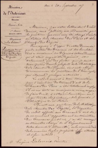 Lettre de Charles Duchâtel à Eugène Delacroix du 20 septembre 1847