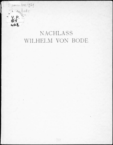 Nachlass Wilhelm von Bode : [vente du 5 novembre 1929]