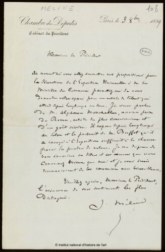 Lettre de Méline à Jean-Louis-Ernest Meissonier, 3 octobre 1889