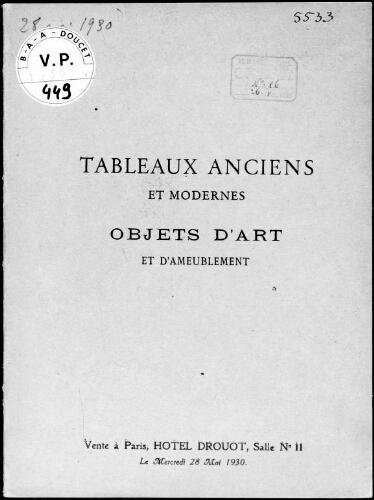 Tableaux anciens et modernes, objets d'art et d'ameublement : [vente du 28 mai 1930]
