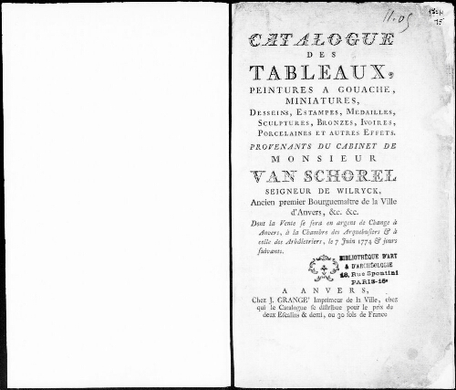 Catalogue des tableaux, peintures à gouache, miniatures, dessins, estampes, médailles, sculptures, bronzes, ivoires [...] : [vente du 7 juin 1774]