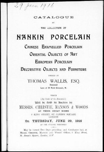 Catalogue of the collection of Nankin porcelain […] : [vente du 29 juin 1916]