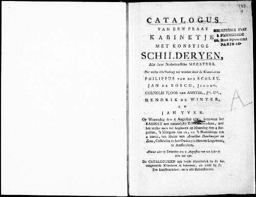 Catalogus van een fraay Kabinetje met Konstige Schilderyen, alle door Nederlandsche meesters [...] : [vente du 6 août 1783]