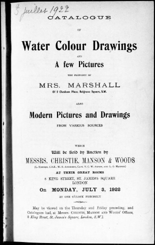 Catalogue of water colour drawings and a few pictures, the property of Mrs. Marshall [...] : [vente du 3 juin 1922]
