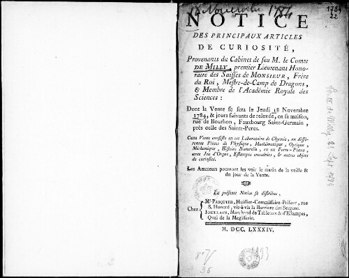 Notice des principaux articles de curiosité, provenant du Cabinet de feu M. le comte de Milly [...] : [vente du 18 novembre 1784]