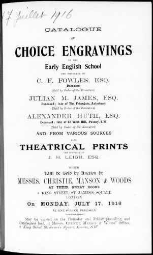 Catalogue of choice engravings of the early English school [...] : [vente du 17 juillet 1916]