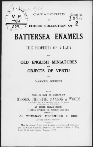 Catalogue of a choice collection of Battersea enamels, the property of a lady [...] : [vente du 7 décembre 1926]