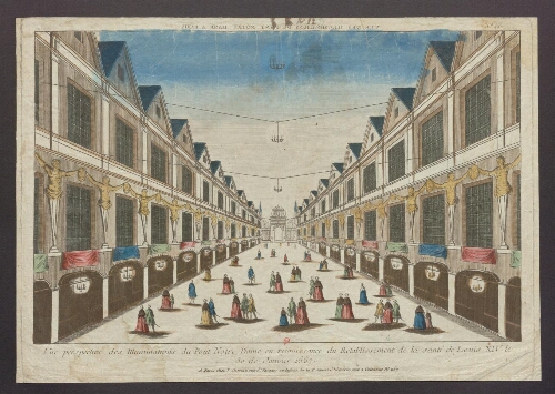 Vue perspective des Illuminations du pont Notre Dame en réjouissance du rétablissment de la santé de Louis XIV le 30 de janvier 1687