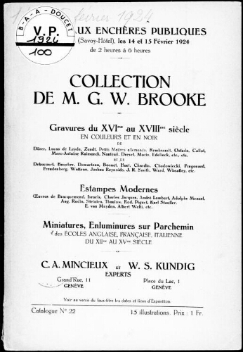 Collection de Monsieur G. W. Brooke. Gravures du XVIme au XVIIIme siècle en couleurs et en noir [...] : [vente des 14 et 15 février 1924]