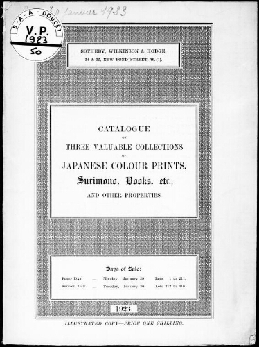 Catalogue of three valuable collections of Japanese colour prints, surimono, books, etc., and other properties : [vente des 29 et 30 janvier 1923]
