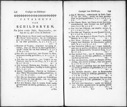 Catalogus van Schilderyen van Johan vander Hulk [...] : [vente du 23 avril 1720]