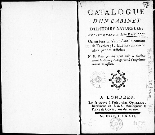 Catalogue d’un Cabinet d’histoire naturelle, appartenant à Mlle Pap*** [...] : [vente du 25 février 1782]