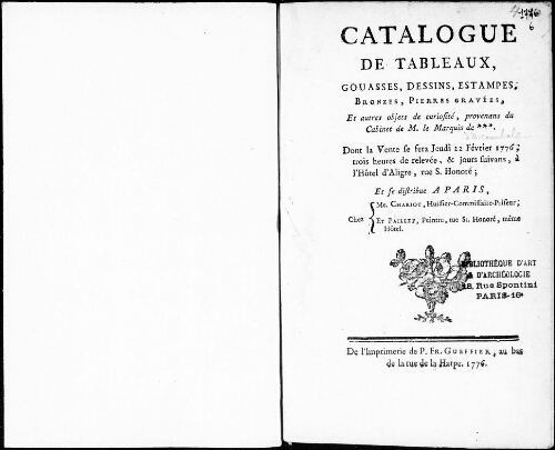 Catalogue de tableaux, gouaches, dessins, estampes, bronzes, pierres gravées [...] : [vente du 22 février 1776]