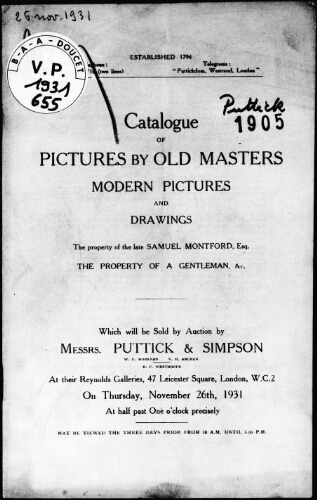 Catalogue of pictures by old masters, modern pictures and drawings, the property of the late Samuel Montford [...] : [vente du 26 novembre 1931]
