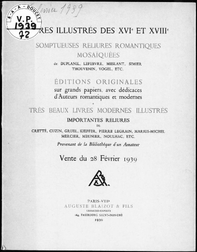 Livres illustrés des XVIe et XVIIIe […] : [vente du 28 février 1939]