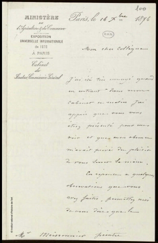 Lettre du Ministère de l'Agriculture et du Commerce [...] à Jean-Louis-Ernest Meissonier, 16 décembre 1876