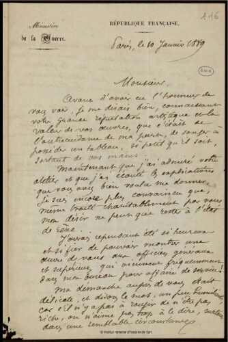 Lettre du Ministère de la Guerre à Jean-Louis-Ernest Meissonier, 10 janvier 1889