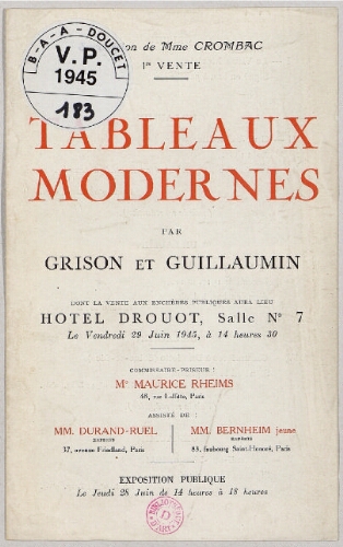 Succession de Mme Crombac, 1re vente ; Tableaux modernes par Grison et Guillaumin : [vente du 29 juin 1945]