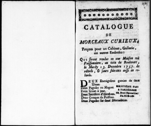 Catalogue de morceaux curieux propres pour un cabinet, galerie ou autres endroits [...] : [vente du 13 décembre 1757]