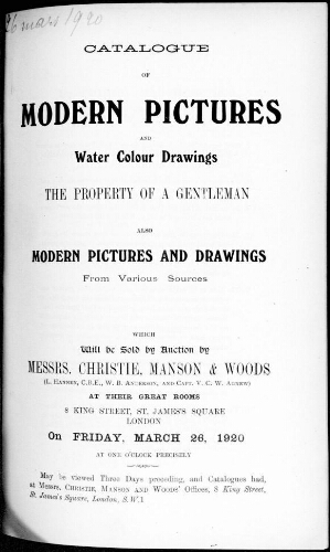 Catalogue of modern pictures and water colour drawings [...] : [vente du 26 mars 1920]