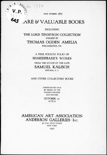 Rare and valuable books including the Lord Tennyson collection formed by Thomas Ogden Amelia [...] : [vente du 27 october 1930]