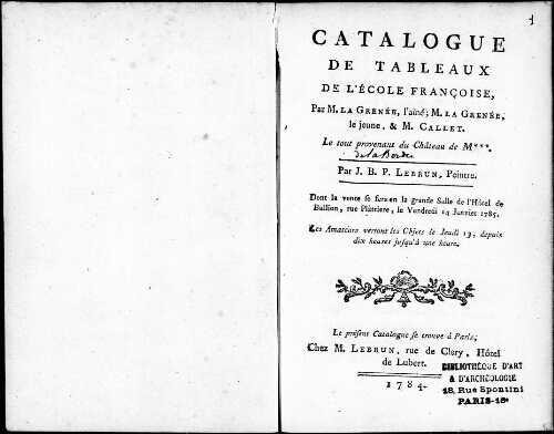 Catalogue de tableaux de l'école française, par M. La Grenée, l'aîné, M. La Grenée le jeune, et M. Callet [...] : [vente du 14 janvier 1785]