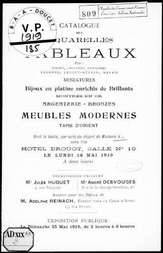 Catalogue des aquarelles, tableaux [...] : [vente du 26 mai 1919]
