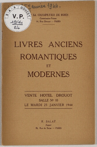 Livres anciens, romantiques et modernes : [vente du 25 janvier 1944]